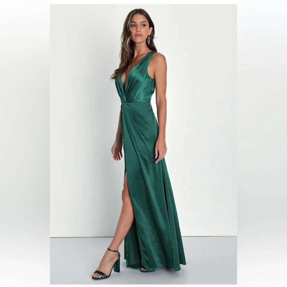Lulus Perfect Refinement Emerald Satin Sleeveless Pleated Maxi Dress XL